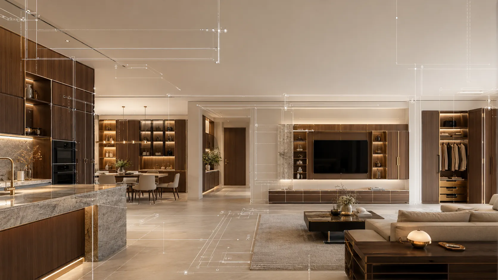 Whole-home cabinetry planning across kitchen living room entryway and wardrobe spaces